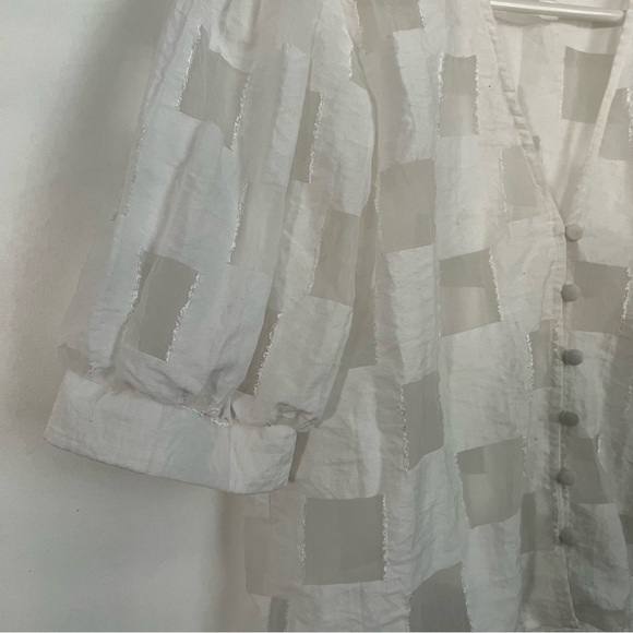 Zara sheer white checkered blouse puff short sleeves button Korean bojagi s - Picture 4 of 8